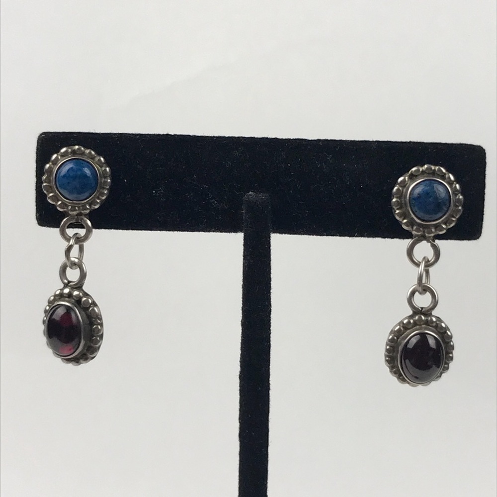 Navajo Benally 925 Sterling Silver Lapis Garnet Drop Dangle Earring